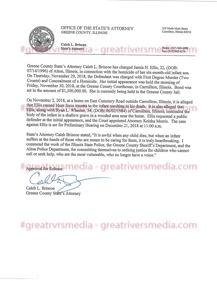 Child Died From Blunt Force Trauma - Mother & Friend Charged Greene County State's Attorney Caleb Bristow Press Release